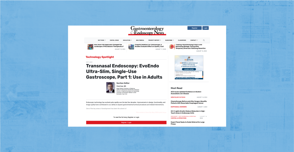 Transnasal Endoscopy: EvoEndo Ultra-Slim, Single-Use Gastroscope, Part 1: Use in Adults